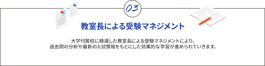 教室長による受験マネジメント 大学付属校に精通した教室長による受験マネジメントにより、過去問の分析や最新の入試情報をもとにした効果的な学習が進められていきます。