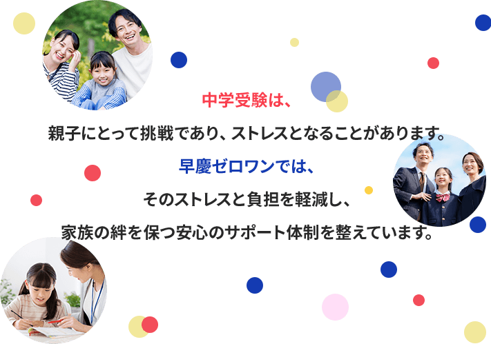 中学受験は、親子にとって挑戦であり、ストレスとなることがあります。早慶ゼロワンでは、そのストレスと負担を軽減し、家族の絆を保つ安心のサポート体制を整えています。