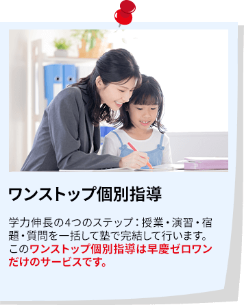 ワンストップ個別指導 学力伸長の4つのステップ：授業・演習・宿題・質問を一括して塾で完結して行います。このワンストップ個別指導は早慶ゼロワンだけのサービスです。